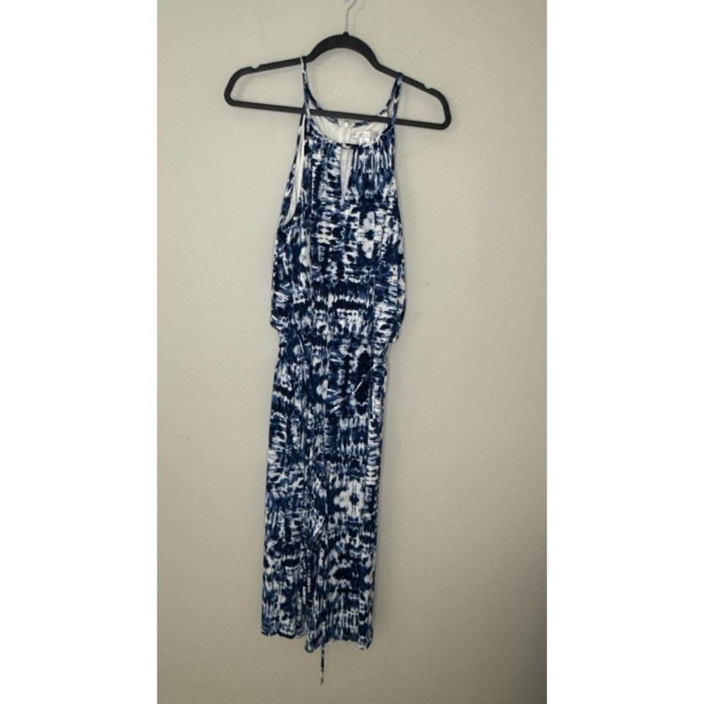 London Times Blue White Tie Dye Ikat Halter Maxi Dress Size 14 Keyhole‎ Neck